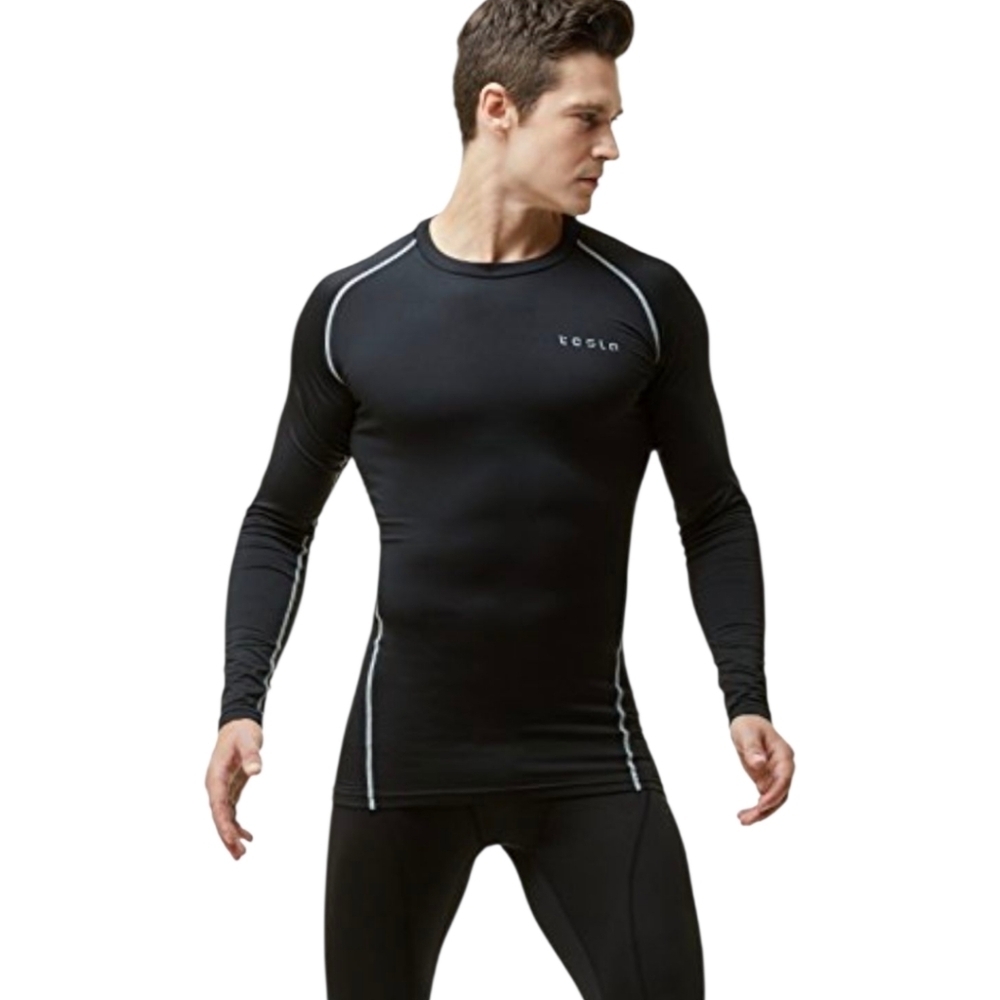 NWT Tesla Shirt Mens M Black Long Sleeve Performance Athletic Compression Top